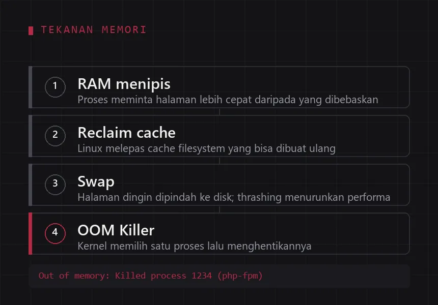 Bagan empat tahap tekanan memori: RAM menipis, reclaim cache, swap, lalu OOM Killer